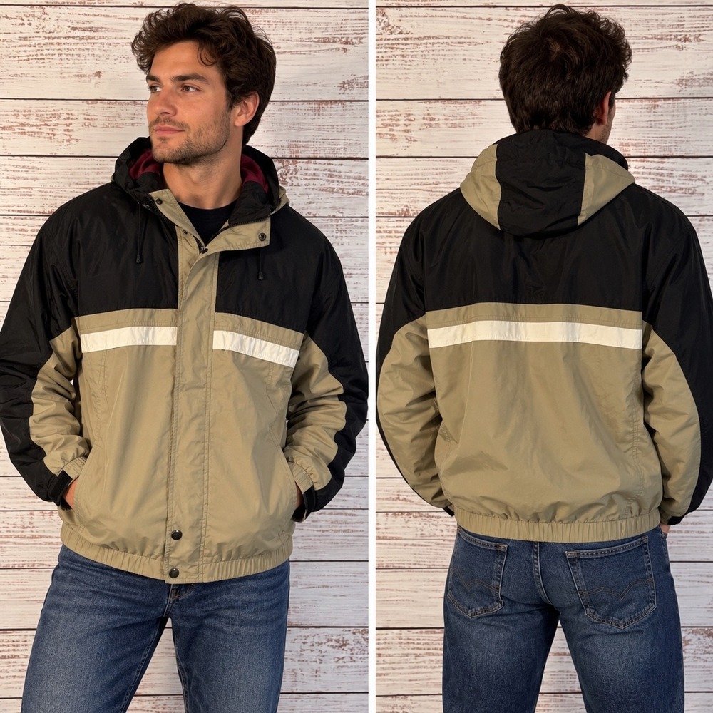 30 Knots Colorblock Windbreaker Jacket Mens XLT Tan Blk Nautical Hooded Sailing‎